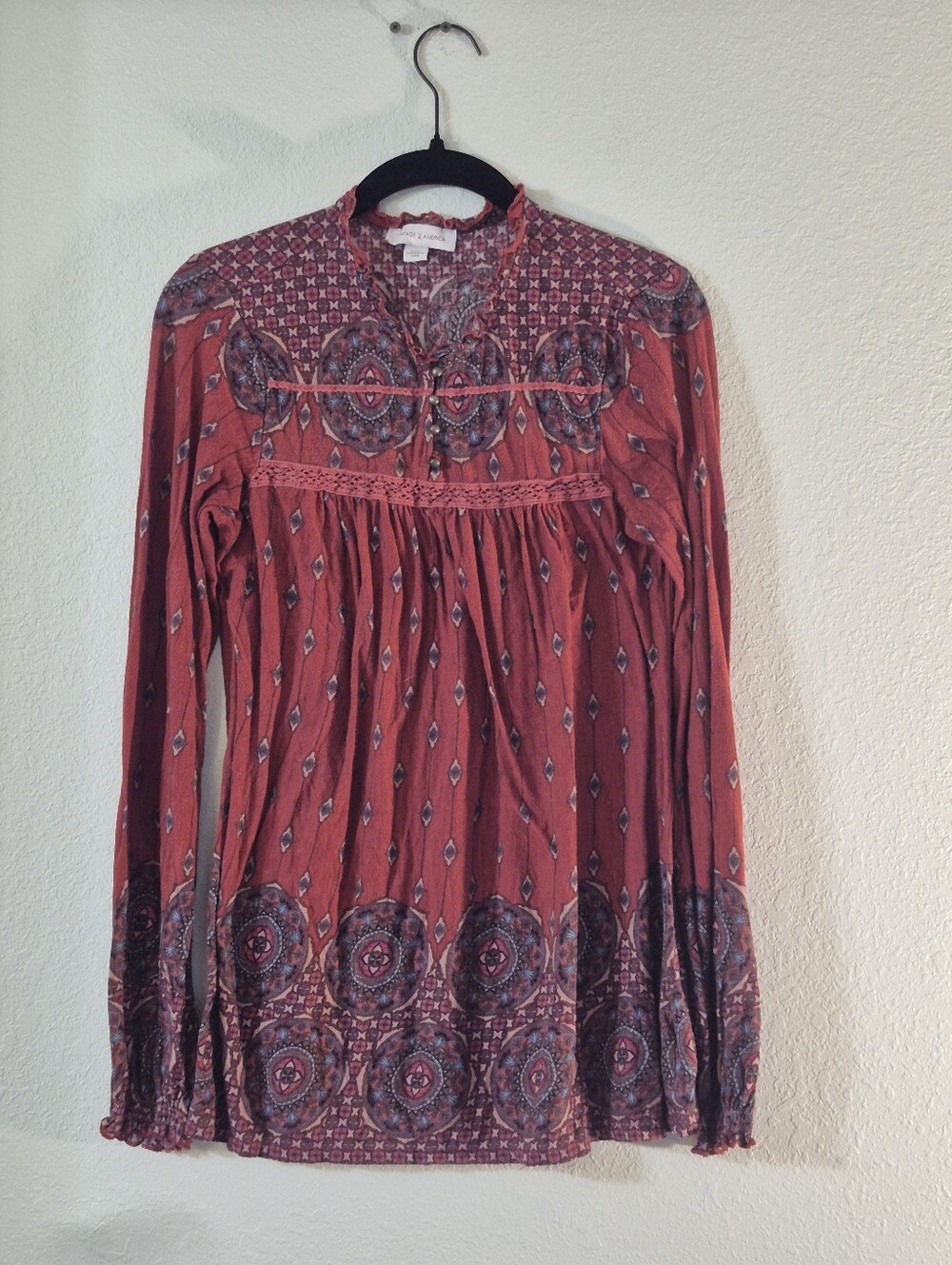 Vintage America Rust Red Paisley-Print Long Sleeve Peasant Top